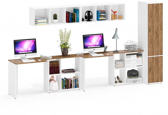 Лидер-8 Стол + Полка + Стол + Полка + Пенал МД 23Б, цвет белый шагрень/крафт золото, ШхГхВ 370х50х75/190 или 230х120/50х75/190 см., НЕ ун. сборка