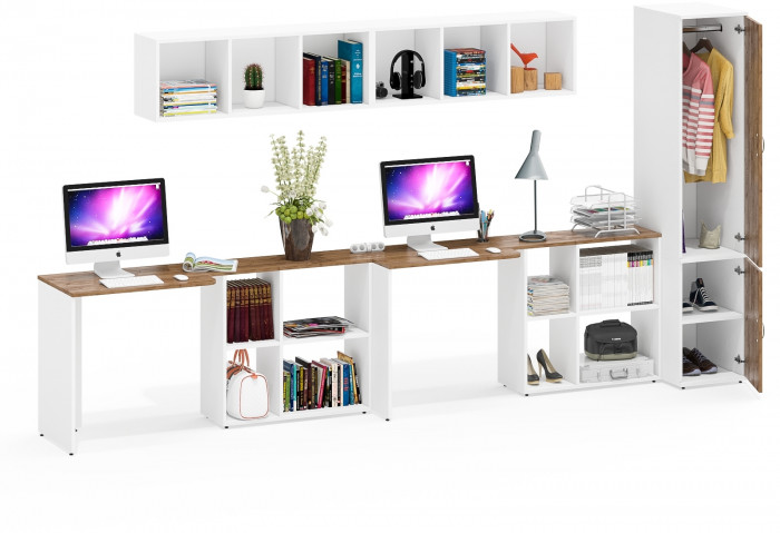 Лидер-8 Стол + Полка + Стол + Полка + Пенал МД 23Б, цвет белый шагрень/крафт золото, ШхГхВ 370х50х75/190 или 230х120/50х75/190 см., НЕ ун. сборка