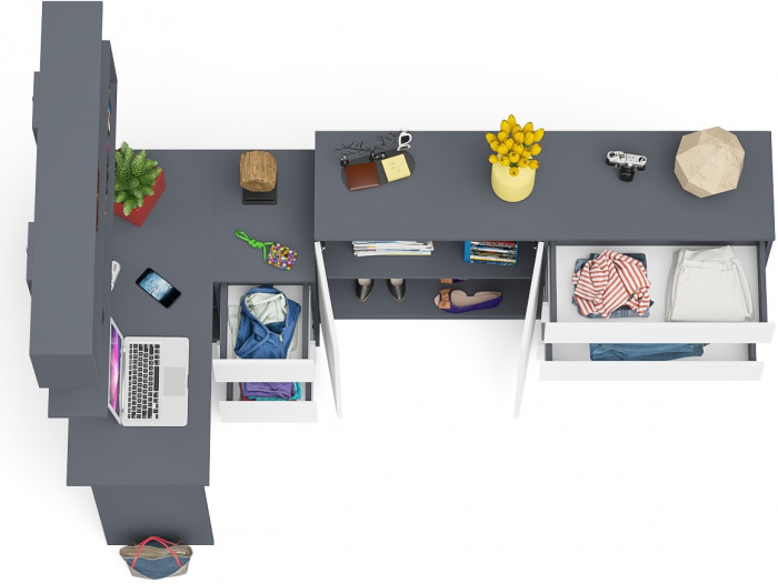 Мори компьютерный стол МС-16 правый + Комод МК1600.1 + Полка 1200, графит/белый