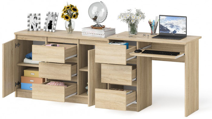 Мори Стол компьютерный МС-6 левый + Комод МК1200.3, цвет дуб сонома, ШхГхВ 210,4х50х76,6 см., выдвижные ящики слева, НЕ универсальная сборка