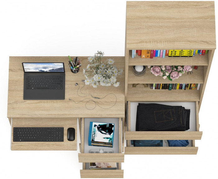 Мори Стол компьютерный МС-6 правый + Стеллаж МСТ600.3, цвет дуб сонома, ШхГхВ 150,4х50х179,6 см., выдвижные ящики справа, НЕ универсальная сборка