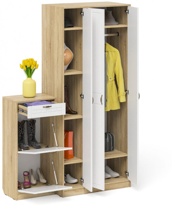 Прихожая П-6 Компоновка № 48, дуб сонома/фасады МДФ белое дерево фрезеровка прованс