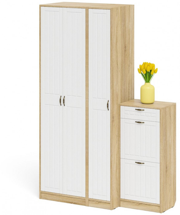 Прихожая П-6 Компоновка № 48, дуб сонома/фасады МДФ белое дерево фрезеровка прованс