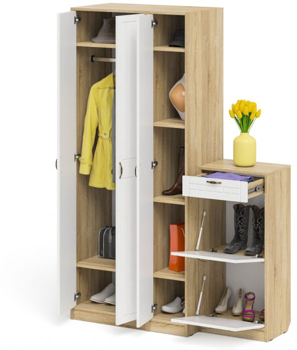 Прихожая П-6 Компоновка № 48, дуб сонома/фасады МДФ белое дерево фрезеровка прованс