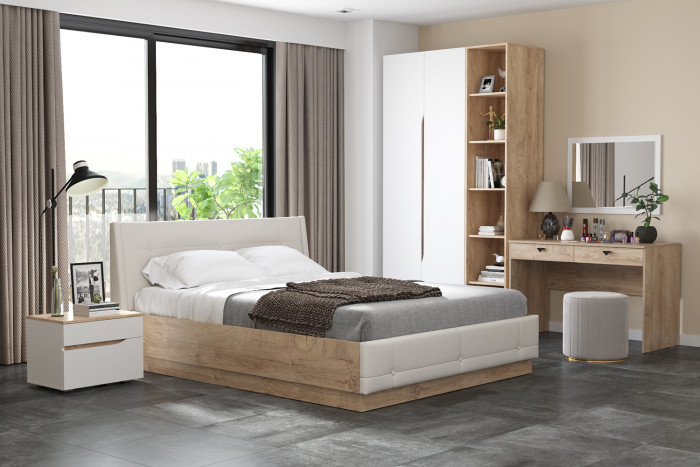 Муссон Кровать 11.28 + подъёмный ортопед + Бостон 12.69 + Зеркало СВК, цвет белый/дуб эндгрейн элегантный/кожзам белый, сп. м. 1600х2000 мм., б/м