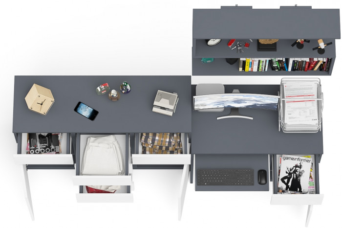 Мори компьютерный стол МС-1 правый + Комод МК1200.4 + Полка 900, графит/белый