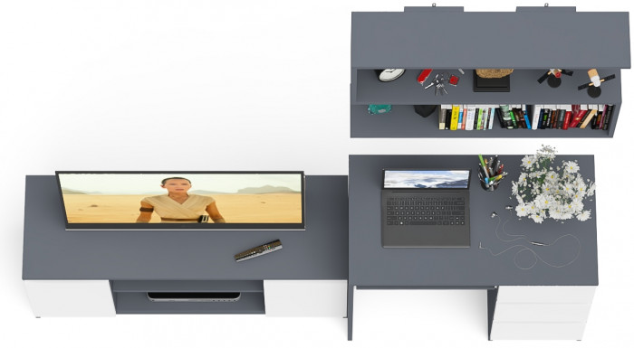 Мори компьютерный стол МС-6 правый + Тумба МТВ1200.1 + Полка 900, графит/белый