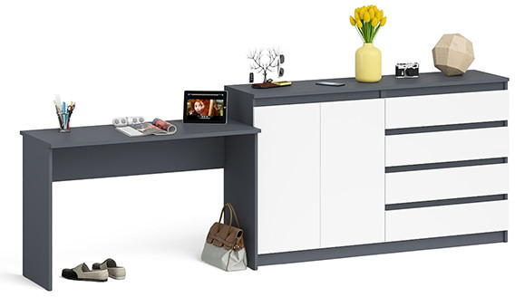 Мори Стол письменный МСП1200.1 + Комод МК1600.1, цвет графит/белый, ШхГхВ 280,8х50х94 см., универсальная сборка