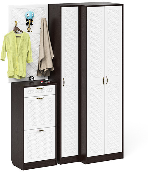 Прихожая П-6 Компоновка № 30, цвет венге/фасады МДФ белое дерево фрезеровка ромб, ШхГхВ 150х50х210 см., универсальная сборка