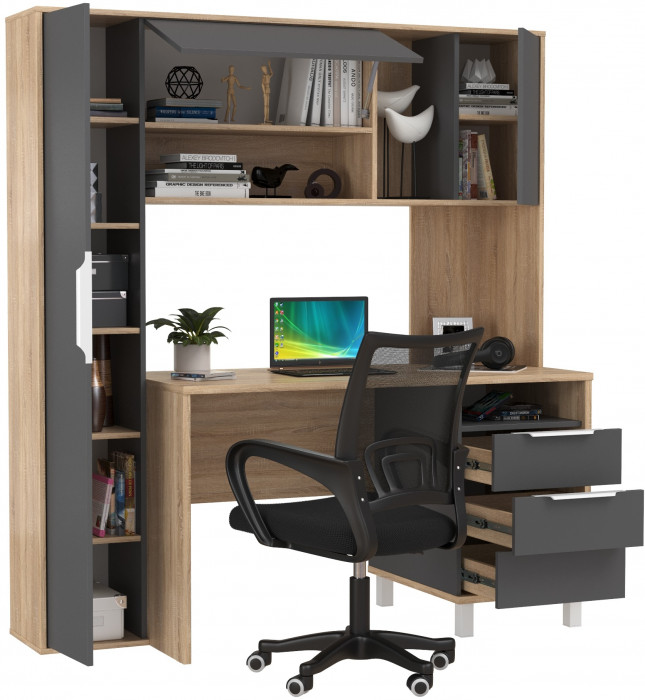 Стол компьютерный Комфорт 12.95N + кресло 103 чёрное, цвет дуб сонома/тёмно-серый, ШхГхВ 162х60,3х180 см., НЕ универсальная сборка