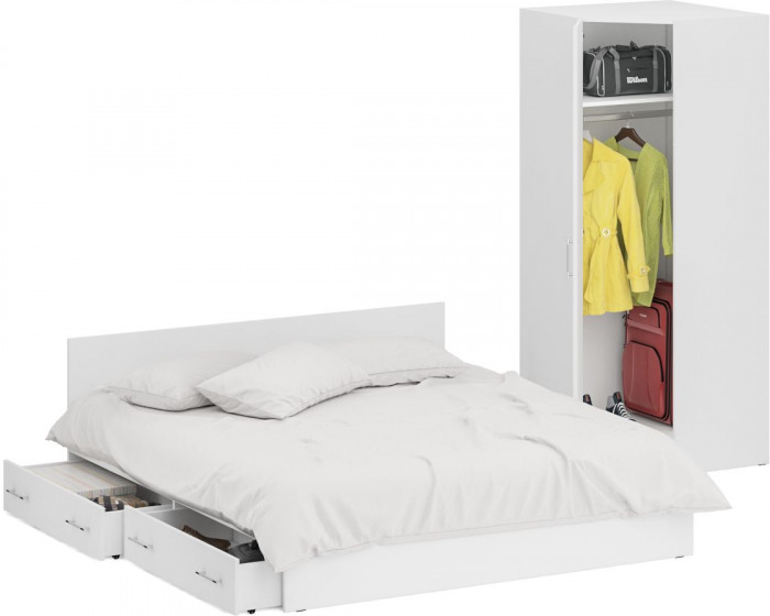 Кровать с ящиками 1800 + Шкаф угловой Стандарт, цвет белый, ШхГхВ 183,5х203,5х70 + 81,2х81,2х200 см., сп.м. 1800х2000 мм., без матраса, основание есть