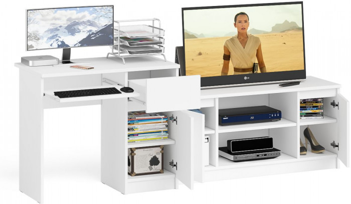 Мори компьютерный стол МС-1 правый + Тумба МТВ1200.1, белый