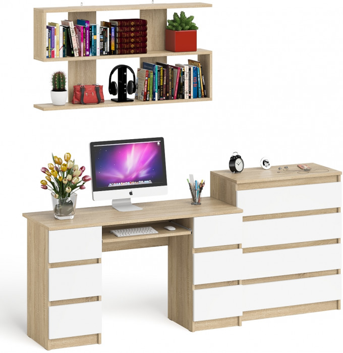 Мори компьютерный стол МС-2 + Комод МК800.4 + Полка 1200, дуб сонома/белый