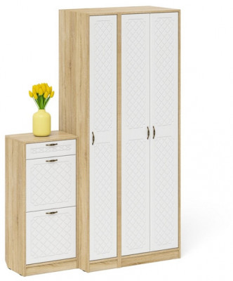 Прихожая П-6 Компоновка № 48, дуб сонома/фасады МДФ белое дерево фрезеровка ромб