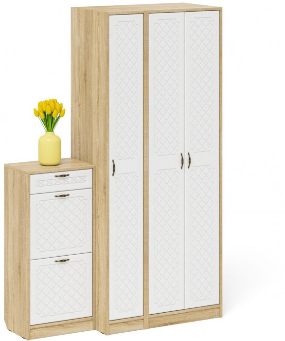 Прихожая П-6 Компоновка № 48, дуб сонома/фасады МДФ белое дерево фрезеровка ромб