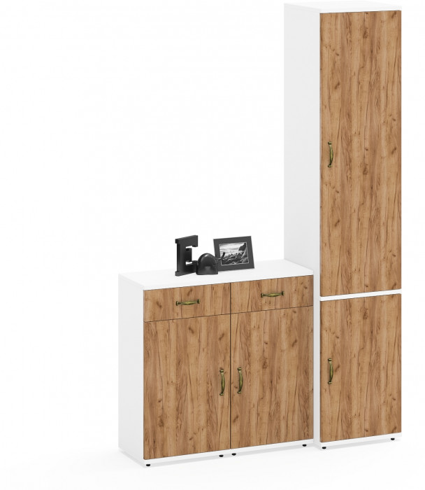 Лидер-8 Пенал МД 21Б + Тумба МД 3.15 + Тумба МД 3.15, белый шагрень/крафт золото