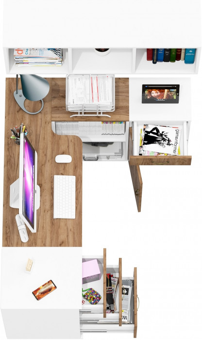 Лидер-8 Стол + Полка + Тумба МД 3.15 + Тумба МД 3.16, белый шагрень/крафт золото