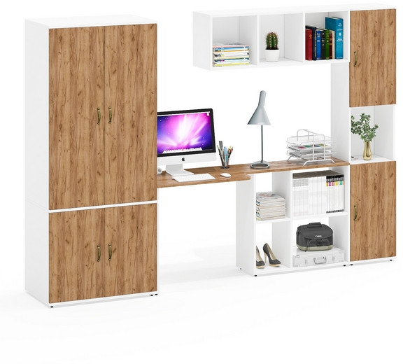 Лидер-8 Шкаф МД 19Б + Стол + Полка + Пенал, белый шагрень/крафт золото