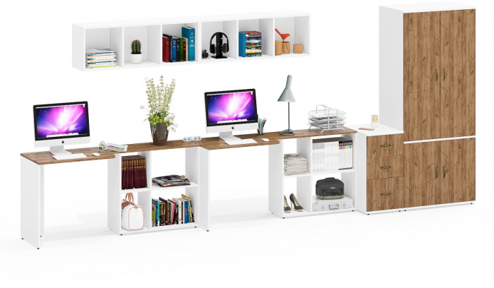 Лидер-8 Стол + Полка + Стол + Полка + Шкаф МД 19Б + Тумба МД 3.16, цвет белый шагрень/крафт золото, 450х50х75/190 или 230х200/50х75/190, НЕ ун. сб.