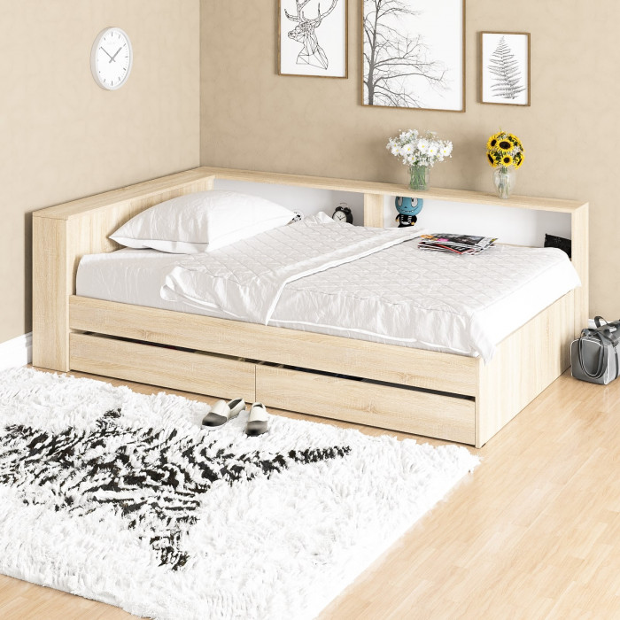 Ксения Кровать с ящиками 1200 + прикроватный блок, дуб сонома