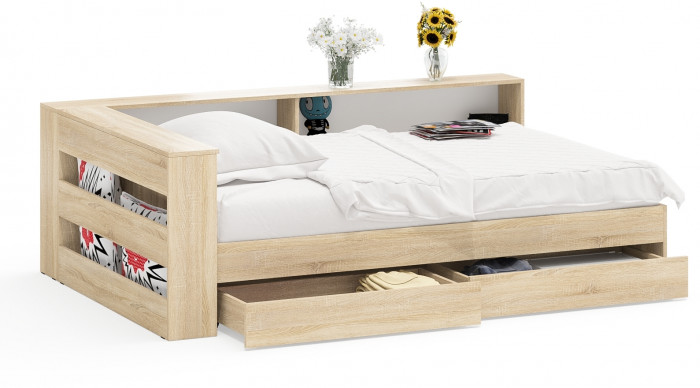 Ксения Кровать с ящиками 1200 + прикроватный блок, дуб сонома
