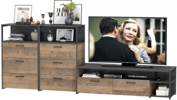 Трувор 13.70 Тумба под ТВ + 13.307.02 Комод + 13.307.02 Комод, цвет дуб гранж песочный/интра, ШхГхВ 281,8х45,4х106,9 см., универсальная сборка