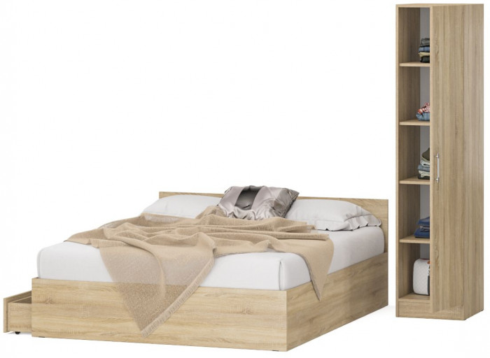 Кровать с ящиками 1600 + Пенал Стандарт, цвет дуб сонома, ШхГхВ 163,5х203,5х70 + 45х52х200 см., сп.м. 1600х2000 мм., без матраса, основание есть