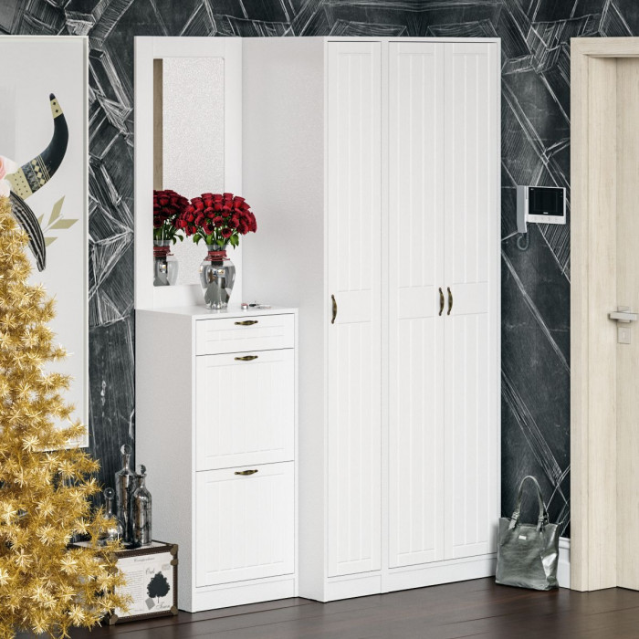 Прихожая П-6 Компоновка № 49, белая шагрень/фасады МДФ белое дерево фрезеровка прованс