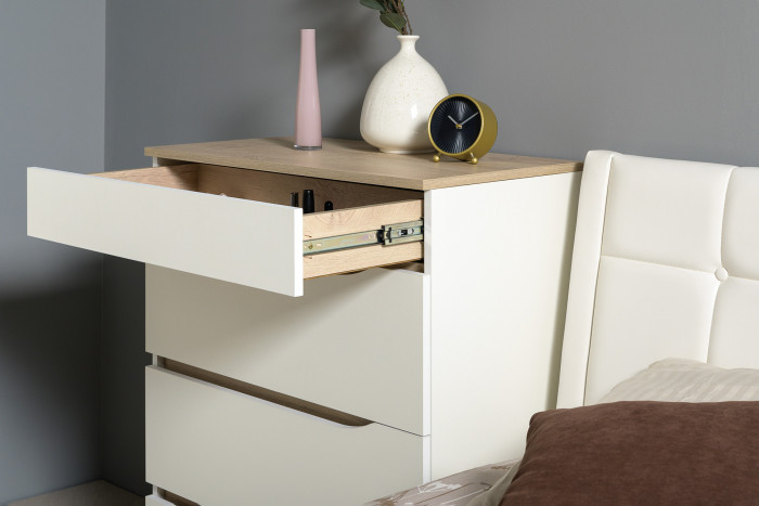 Муссон Кровать 11.28 + подъёмный ортопед + Комод 13.97 + Зеркало СВК, цвет белый/дуб эндгрейн элегантный/кожзам белый, сп. м. 1600х2000 мм., б/м