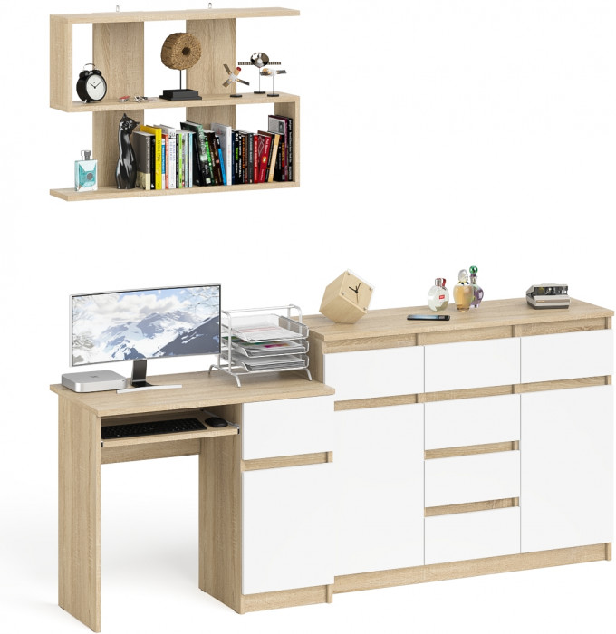 Мори компьютерный стол МС-1 правый + Комод МК1200.4 + Полка 900, дуб сонома/белый