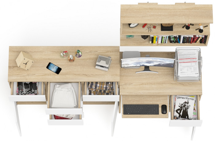 Мори компьютерный стол МС-1 правый + Комод МК1200.4 + Полка 900, дуб сонома/белый