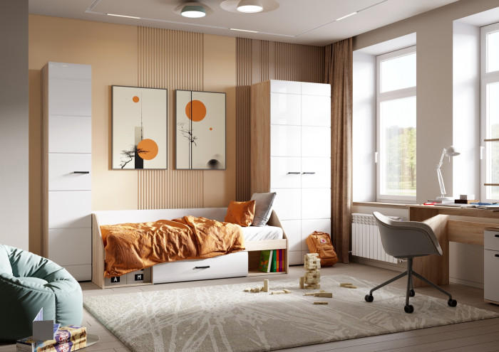 ЛИБЕРТИ КР 03 Кровать одноярусная (1940х660х850) Фасад МДФ БЕЛЫЙ ГЛЯНЕЦ/Корпус ДУБ СОНОМА