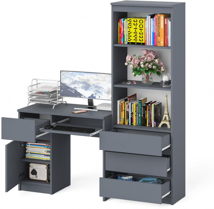 Мори компьютерный стол МС-1 левый + Стеллаж МСТ600.3, графит