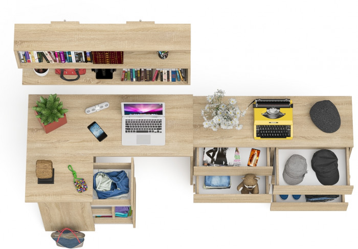 Мори компьютерный стол МС-16 левый + Комод МК1200.6 + Полка 1200, дуб сонома