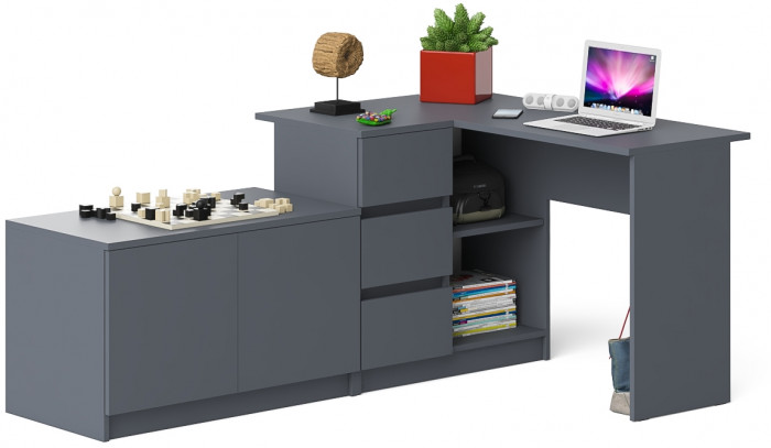 Мори Стол компьютерный МС-16 левый + Тумба МА900.1, цвет графит, ШхГхВ 214,8х84,9х76,6 см., выдвижные ящики слева, НЕ универсальная сборка
