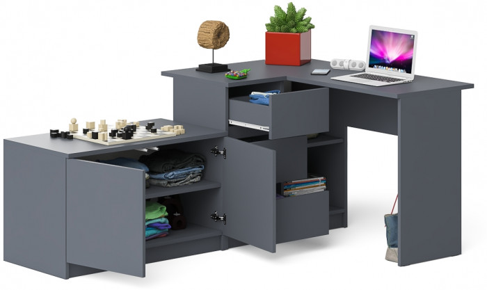 Мори Стол компьютерный МС-16 левый + Тумба МА900.1, цвет графит, ШхГхВ 214,8х84,9х76,6 см., выдвижные ящики слева, НЕ универсальная сборка