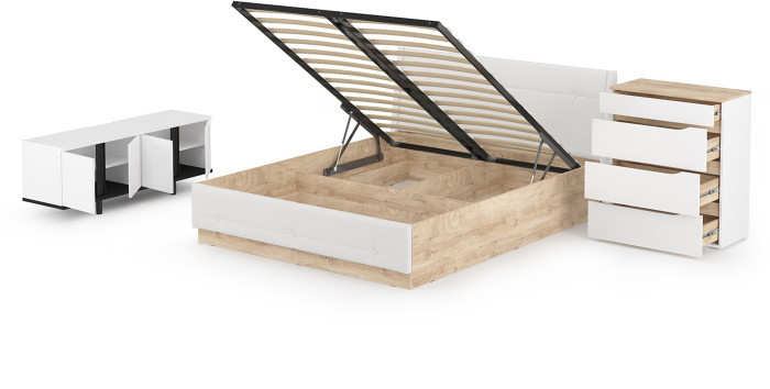 Муссон Кровать 11.28 + подъёмный ортопед + Комод 13.97 + Тумба ТВ 13.276, цвет белый/чёрный/дуб эндгрейн элегантный/кожзам белый, 1600х2000 мм., б/м