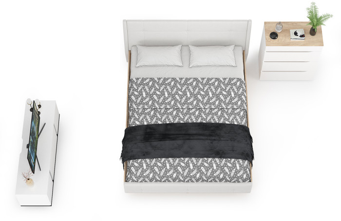 Муссон Кровать 11.28 + подъёмный ортопед + Комод 13.97 + Тумба ТВ 13.276, цвет белый/чёрный/дуб эндгрейн элегантный/кожзам белый, 1600х2000 мм., б/м