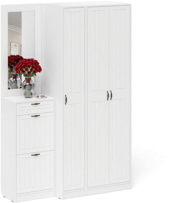 Прихожая П-6 Компоновка № 49, цвет белая шагрень/фасады МДФ белое дерево фрезеровка прованс, ШхГхВ 140х50х210 см., универсальная сборка