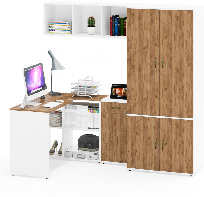 Лидер-8 Стол + Полка + Тумба МД 3.15 + Шкаф МД 19Б, белый шагрень/крафт золото