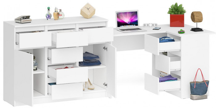 Мори компьютерный стол МС-16 правый + Комод МК1200.4, белый