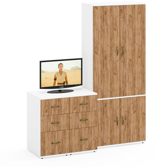 Лидер-8 Шкаф МД 20Б + Тумба МД 3.16 + Тумба МД 3.16, цвет белый шагрень/крафт золото, ШхГхВ 160х50х190 см., НЕ универсальная сборка