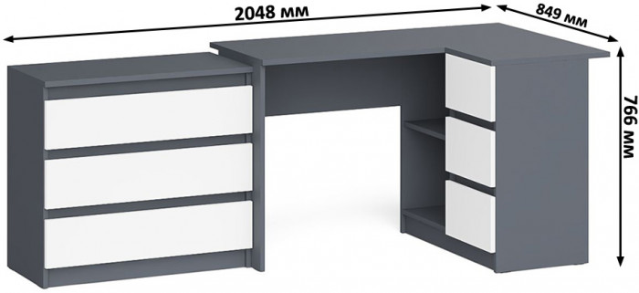 Мори Стол компьютерный МС-16 правый + Комод МК800.1, цвет графит/белый, ШхГхВ 204,8х84,9х76,6 см., выдвижные ящики справа, НЕ универсальная сборка