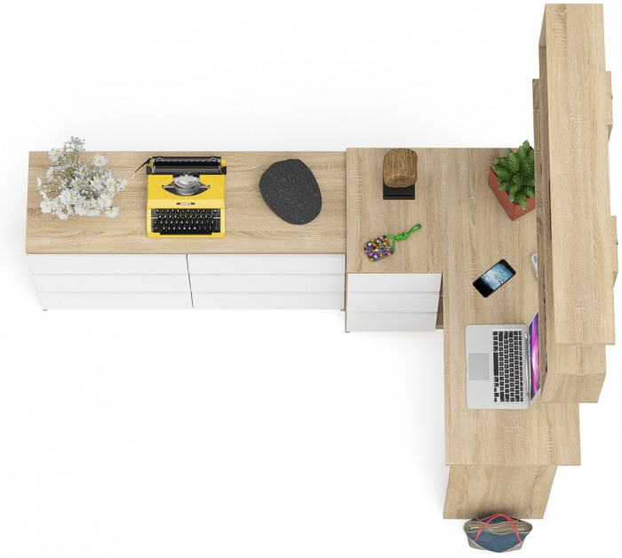 Мори компьютерный стол МС-16 левый + Комод МК1200.6 + Полка 1200, дуб сонома/белый