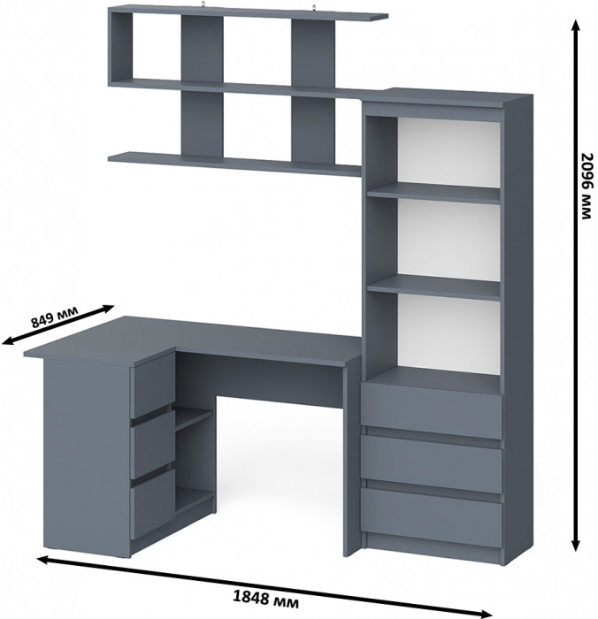 Мори компьютерный стол МС-16 левый + Стеллаж МСТ600.3 + Полка 1200, графит