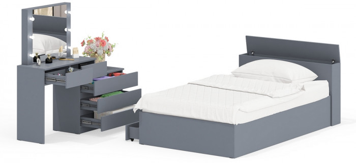 Ксения Кровать с ящиками 1200 + Стол косметический с подсветкой 110, графит