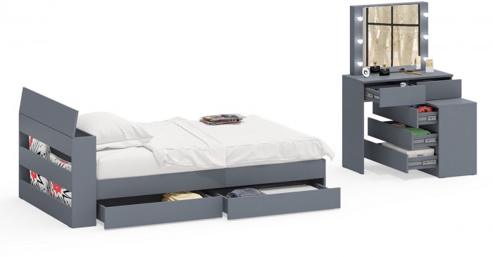 Ксения Кровать с ящиками 1200 + Стол косметический с подсветкой 110, графит