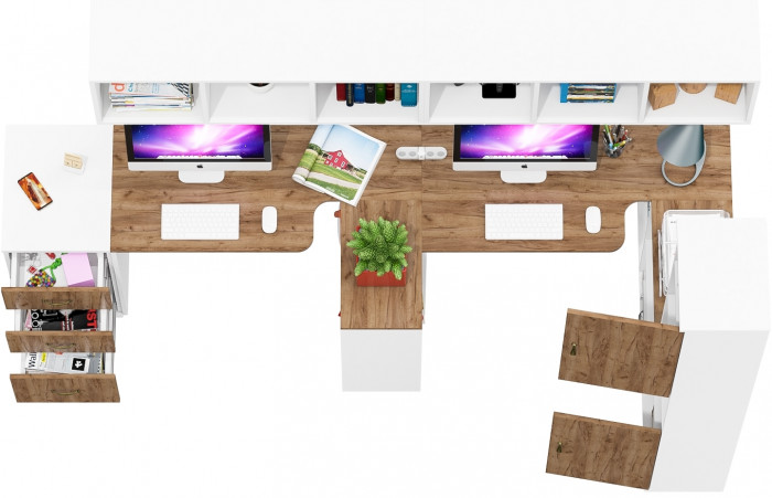 Лидер-8 Стол + Полка + Стол + Полка + Пенал + Тумба МД 3.16, белый шагрень/крафт золото