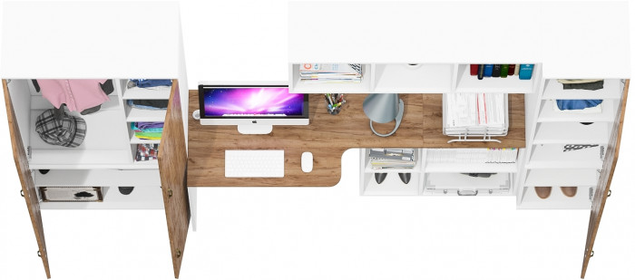 Лидер-8 Шкаф МД 20Б + Стол + Полка + Пенал 22Б, белый шагрень/крафт золото