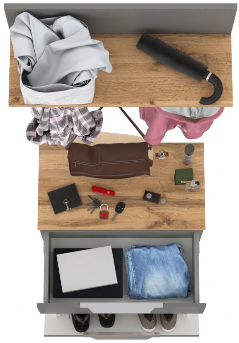 Октава 16.127 Тумба для обуви + 15.14.01 Вешалка + 15.14.02, серый графит/дуб крафт золотой/фасады МДФ серый графит